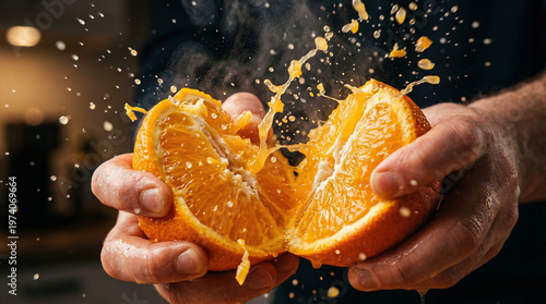 Fresh orange being squeezed in hands with juice splashing  