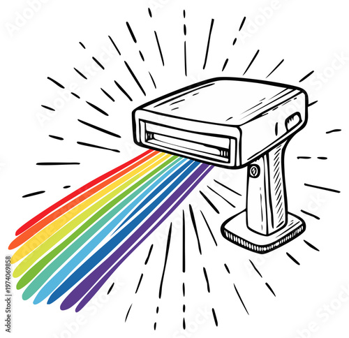 Handheld scanner emitting rainbow light illustration, business concept design.