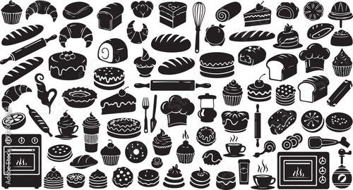Baking icons and kitchen utensils in black and white