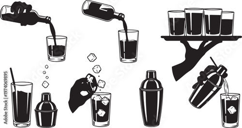 Cocktail, drink, bar, icons, set, 16 black and white illustrations