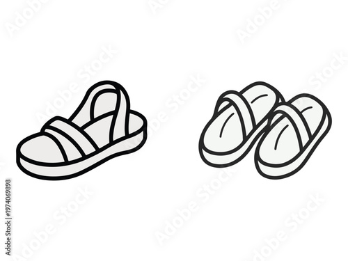 Line drawing of a single sandal and a pair of sandals with two straps on top  simple black and white illustration of footwear  isolated on white background
