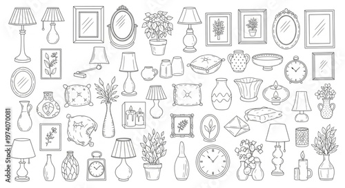 Collection of Vintage Decorative Objects and Ornaments Hand-Drawn Sketch.