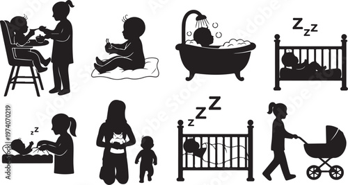 Baby care, parenting icons, vector set, black silhouettes