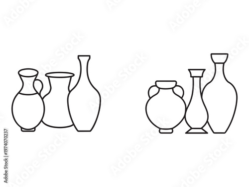 Line drawing of multiple ancient style clay jugs and vases in various shapes and sizes  simple black outline on white background