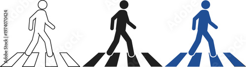 Crosswalk sign. Pedestrian crossing the road icon. Person walking cross the road. Zebra roadsign vector illustration. Man walk symbol. Human safety sidewalk pictogram. 