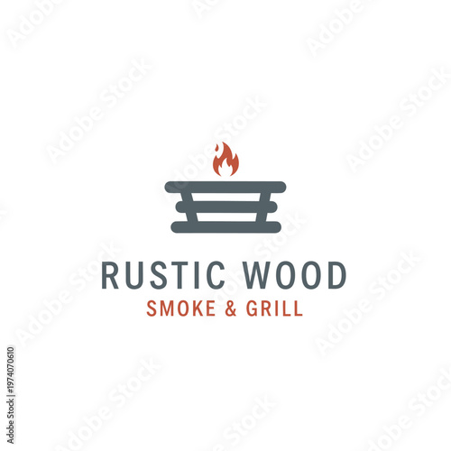 Rustic Wood Smoke & Grill Logo Design - Minimal BBQ Restaurant Emblem With Flame Icon.