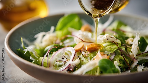Salad Freshness: A close-up shot showcasing a vibrant salad with fresh greens and a drizzle of golden dressing, evoking a sense of healthy eating and culinary delight.