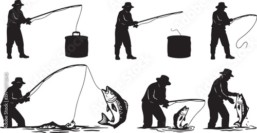 Fishing, silhouette icons, black, vector graphics, fishing scenes, outdoor activities
