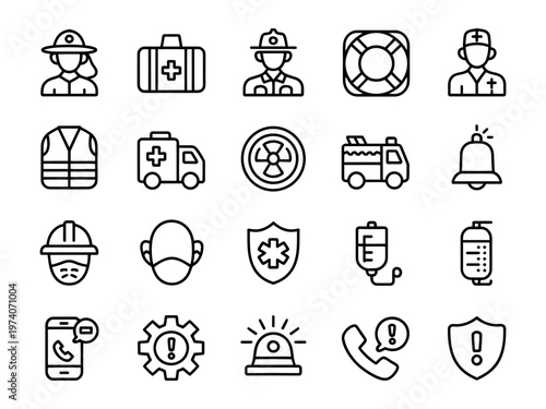 Collection of vector safety and emergency icons including medical tools, personnel, and vehicles