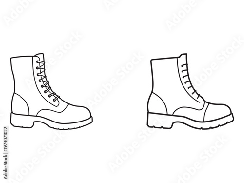 Line drawing of two boots side by side with laces and thick soles