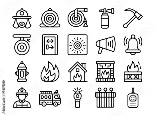 Collection of vector icons featuring fire safety equipment and symbols used for emergencies and rescue operations