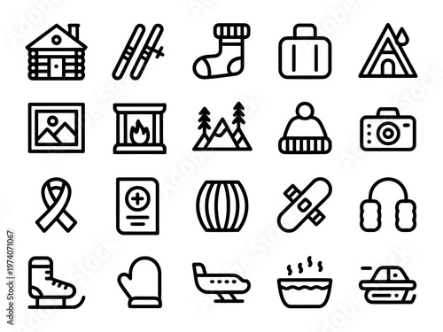 Photos Collection of winter-themed vector icons including a cabin, skis, and warm cloth