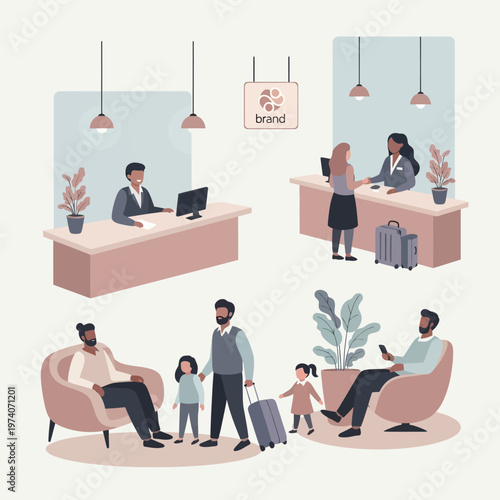 Family Checking into Hotel Lobby.