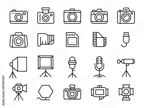 Collection of vector icons representing photography and filming equipment