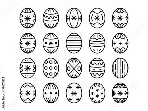 Vector of an array of twenty meticulously designed decorative easter eggs in a grid