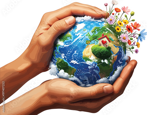 Hands Holding Earth with Flowers Growing Out of It on White Background