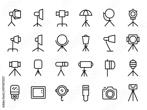 Collection of vector icons displaying various photography and film equipment on tripods