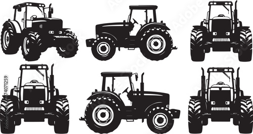 Tractor icons, black silhouette illustrations, farm vehicle graphics, tractor clipart