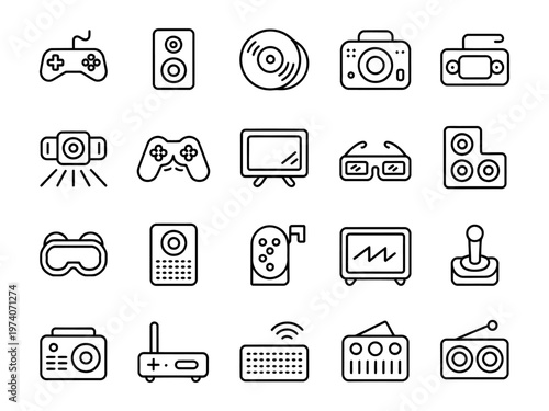 Vector icons of various electronic gadgets include gaming controllers, speakers, cameras, and audio equipment
