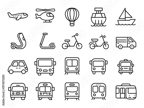 Vector of various modes of transportation including airplanes, helicopters, boats, and bicycles.