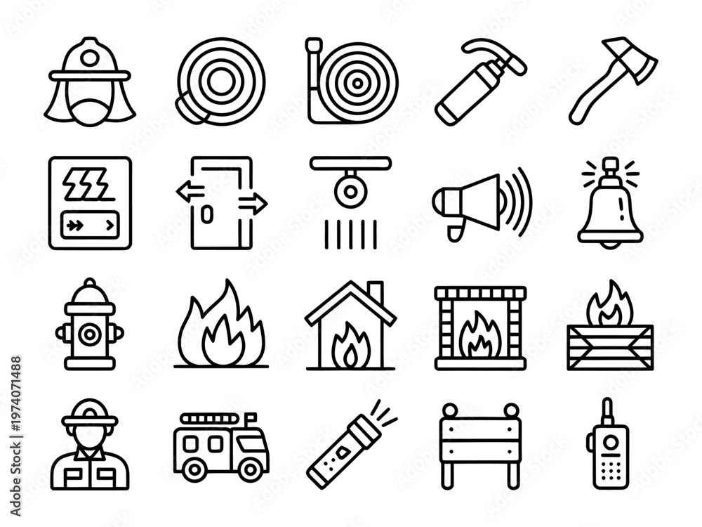 Fototapeta premium Vector set of firefighting and emergency symbols including firefighters tools equipment and warning signs