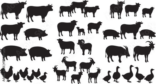 Farm animal icons, black silhouettes, 30 farm animals, vector graphics