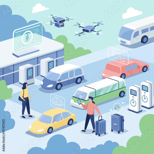 People with luggage at transport hub.