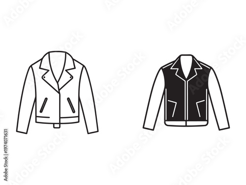 Line drawing of two jackets one white and one black with long sleeves and collars and pockets  isolated on white background