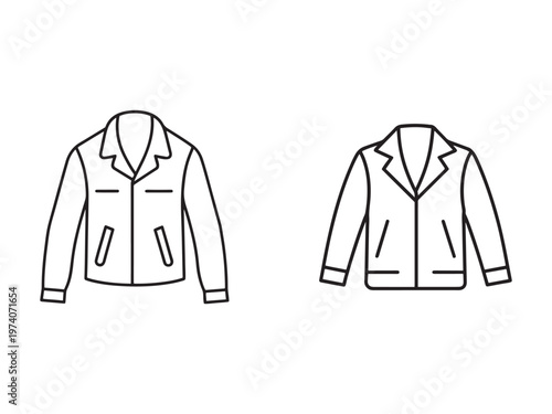 Line drawing of two jackets with long sleeves and collars one zipped up and the other unzipped  isolated on white background