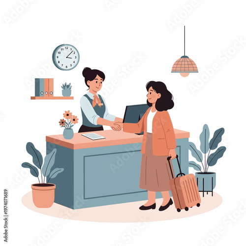 Woman checking in with receptionist.