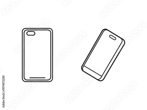 Line drawing of two smartphones with blank screens in portrait and landscape orientation