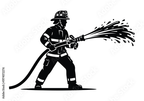 Firefighter spraying water with hose Icon Silhouette Vector black design on a white background