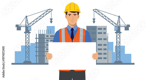 Man in hard hat and safety vest holds a white sign. Construction site with cranes, unfinished buildings. Professional engineer or contractor on site.