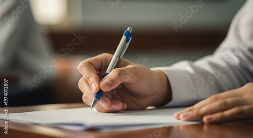 Close up of a person s hand writing on a piece of paper with a pen