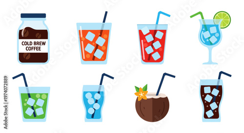 Summer Drink Vector Icons Set, Tropical Cocktails, Coconut Juice, and Cold Brew Coffee Flat Illustration on White Background.