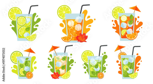 Fresh Tropical Drink Illustration Set with Juice Splash, Lime, and Mint Leaves.