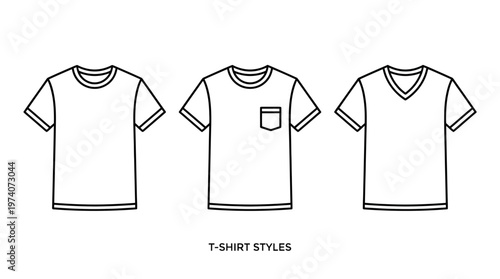 Minimalist black-and-white T-shirt icon set, showing round neck, pocket tee, and V-neck styles, symbolizing fashion, apparel, clothing design.