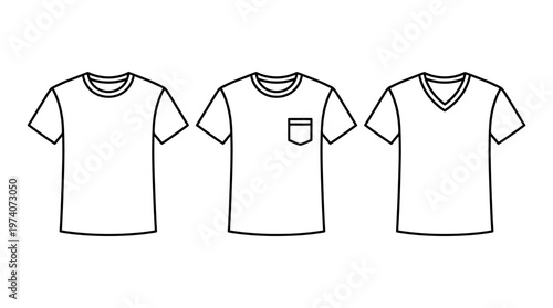 Minimalist black-and-white T-shirt icon set, showing round neck, pocket tee, and V-neck styles, symbolizing fashion, apparel, clothing design.