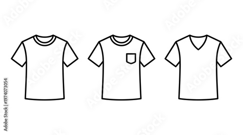 Minimalist black-and-white T-shirt icon set, showing round neck, pocket tee, and V-neck styles, symbolizing fashion, apparel, clothing design.