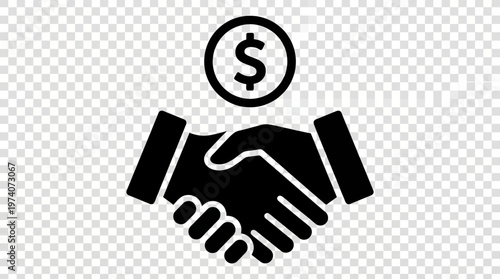 Minimalist black handshake icon with dollar sign above, symbolizing business deal, financial agreement, partnership, contract, transaction.
