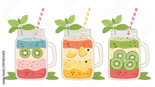 Colorful mason jar smoothies with layered fruit and mint leaves on white background