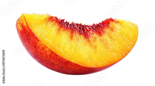 Close up of a vibrant peach slice against a clean white background