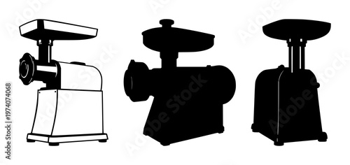 Meat grinder set with solid black silhouette and clean white background featuring heavy-duty, vintage and industrial design with kitchen equipment and block line style