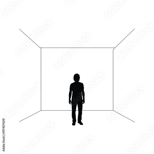 A solitary figure standing confidently in an open doorway framed by a minimalist arch design