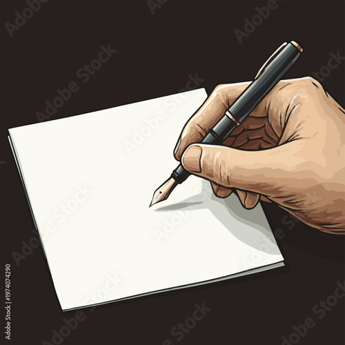 A hand holding a fountain pen poised above a blank piece of paper, symbolizing creativity and new ideas.