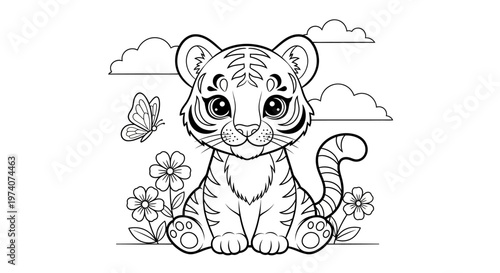 Cute Baby Tiger Coloring Page for Kids, Adorable Tiger Cub Line Art with Flowers and Butterfly, Children's Educational Activity Sheet Illustration