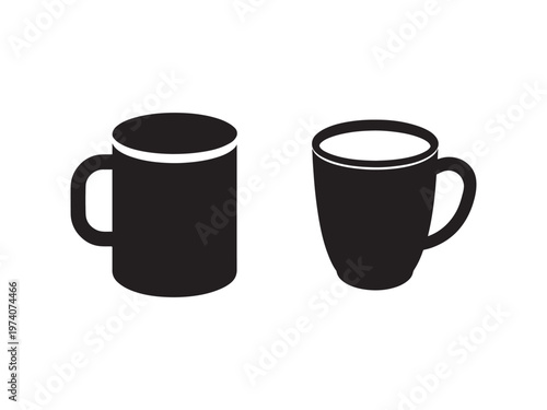Two black coffee mugs isolated on white background for hot beverages like tea or coffee  simple design