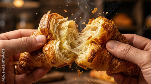 Freshly baked croissant being pulled apart showing flaky layers  