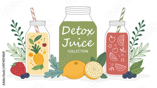 Colorful detox juice bottles and jars collection with labels and straws surrounded by fruits and leaves on a white background