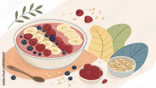 Delicious healthy breakfast smoothie bowl with oats berries and fruit on a table with spoon and toppings